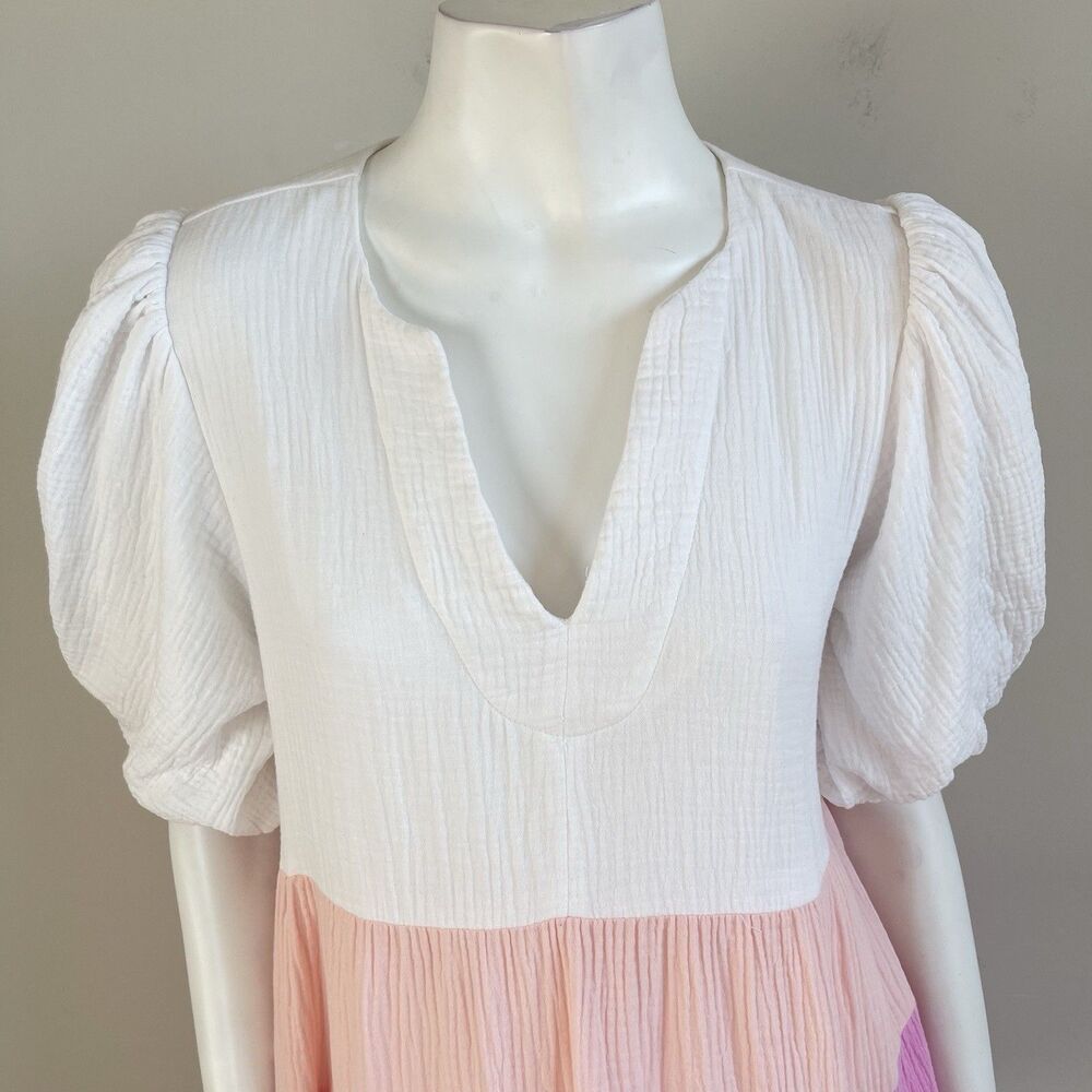 THML Women's Gauze Puff Sleeve Tiered Mini Dress M Resort Coastal Summer - Picture 2 of 14